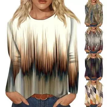 Блузки с длинным рукавом для женщин, повседневная рубашка с круглым вырезом, блузка с принтом, свободный крой, осенняя рубашка, топ S хаки