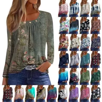 Блузки с длинным рукавом для женщин, повседневная рубашка на пуговицах с круглым вырезом, однотонная блузка, топы, свободная посадка, осенняя рубашка, топ S синий