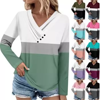 Блузки с длинным рукавом для женщин, повседневная рубашка с v-образным вырезом на пуговицах, блузка с принтом, топы, свободная посадка, осенняя рубашка, топ S розовый