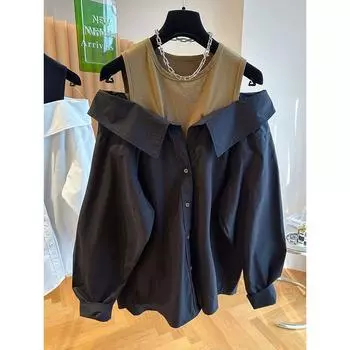 Блузки с открытыми плечами для женщин, облегающие и свободные топы, рубашки с длинными рукавами, осенние модные рубашки с круглым вырезом, женские топы M чёрный