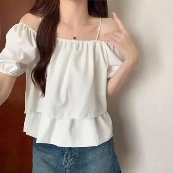 Блузки с пышными рукавами и открытыми плечами, женские однотонные свободные летние топы в корейском стиле с оборками S белый