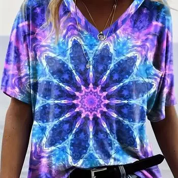 Блузки с рисунком в стиле тай-дай, с короткими рукавами и V-образным вырезом, повседневные футболки XS фиолетовый