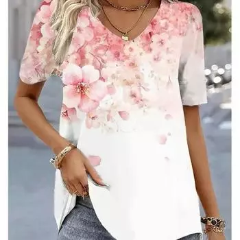 Блузки с v-образным вырезом и 3D цветочным принтом, футболка, женская одежда, летние топы большого размера, футболка