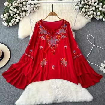 Блузки с вышивкой в богемном этническом стиле, блузка с расклешенными рукавами на шнуровке и круглым вырезом, летние топы для пляжного отдыха и отдыха One Size красный