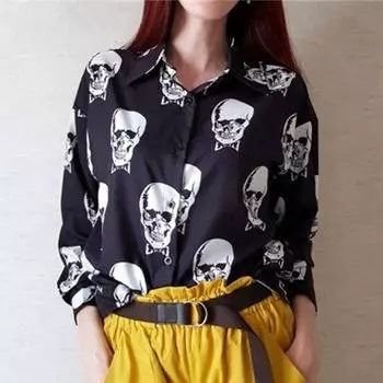 Блузки в стиле Харадзюку, женская модная блузка с принтом черепа, большие размеры, шифоновые блузки, повседневные осенние топы 2021 г. M белый