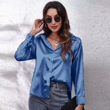 Блузки весна осень женская мода однотонная атласная шелковая рубашка с длинными рукавами атласная имитация шелковая рубашка топ S белый