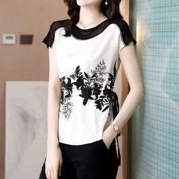 Блузки женские с рукавами реглан, шнуровкой, складками, элегантные, модные, с круглым вырезом, летняя повседневная одежда, сетчатая вставка, лоскутное шитье, пуловеры с принтом, рубашка L чёрный