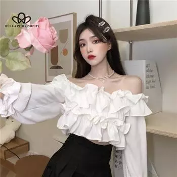Блузки женские, тонкие, укороченные, простые, с оборками, сексуальные топы, осенние корейские стильные повседневные уютные хипстеры с вырезом в горловине S чёрный