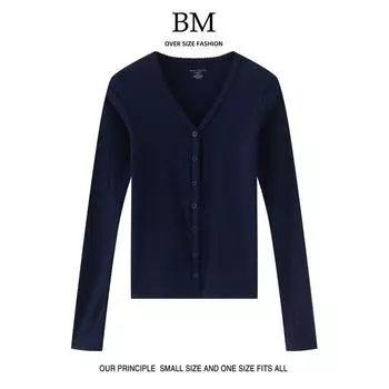 BM Fashion Early Autumn New Lace V-neck Single-Breasted BM Knit cardigan Women Sweet Slim fit All-Match Top Navy blue One size