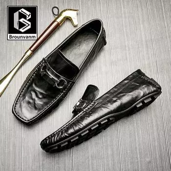 Bo Wei Мужская обувь Дышащая кожаная обувь Мужская обувь для вождения из натуральной кожи Doudou Shoes One Foot Business British Loafers Men 38 чёрный