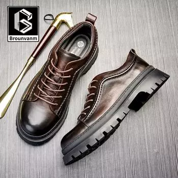 Bo Wei Мужские кожаные туфли с мягкой подошвой Мужские повседневные туфли с низким берцем в британском стиле с круглым носком Мужская обувь Деловая модная обувь на шнуровке 38 чёрный