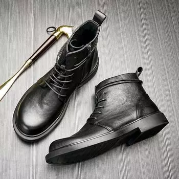 Bo Wei Мужские повседневные модные ботинки средней высоты с круглым носком на шнуровке, кожаные ботинки индивидуального покроя, ботинки Martin 38 чёрный