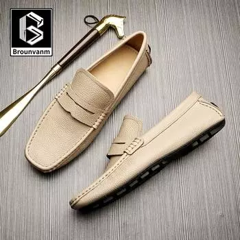 Bo Weiqing Loafers Мужские кожаные дышащие туфли Doudou Британские деловые мужские туфли с одной педалью Повседневные кожаные туфли 38 абрикосовый