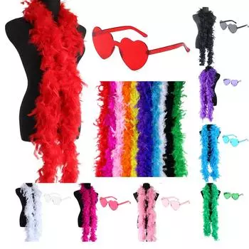 Боа из перьев с солнцезащитными очками без оправы в виде сердечка — боа из перьев 2 м/6,6 фута для женщин — идеально подходит для танцев, свадьбы, вечеринки, косплея One Size чёрный