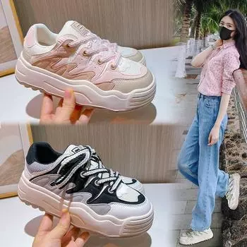 Ботинки для скейтбординга Весенние туфли на плоской подошве Ретро-обувь Повседневная обувь Маленькие белые туфли Женские туфли на толстой подошве 35 чёрный/бежевый