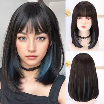 Боб, 16 дюймов, черный парик с челкой на лестнице, синтетический парик из волокна, термостойкий, без бликов, натуральный, косплей, на каждый день для женщин, корейская мода 16inches чёрный/синий