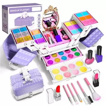 Bobblyfun Набор для макияжа Игрушечный детский косметический набор Подарок для девочек Моющийся детский косметический комод Детская косметичка Коробка для косметики 4 5 6 7 8 9 10 11 12 13 фиолетовый