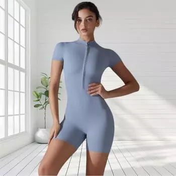 Боди для йоги с короткими рукавами, высокоэластичные женские шорты, спортивный однотонный комплект с застежкой-молнией S кофейный