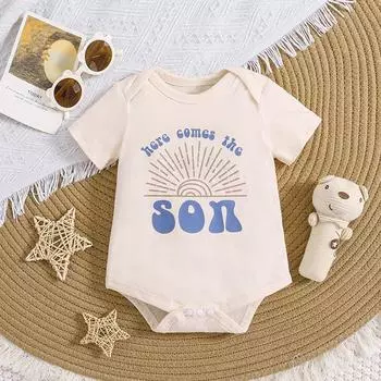 Боди для мальчика из хлопка с принтом «Here Comes The Son» и короткими рукавами. Комбинезон. 1-3M