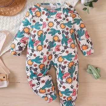 Боди для маленьких девочек и мальчиков, шляпа от солнца в стиле вестерн, бычий рог, принт кактуса, боди с длинными рукавами и круглым вырезом, осеннее платье 0-3m разноцветный