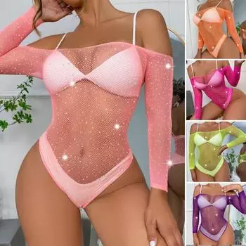 Боди для ночного клуба Ультратонкое прозрачное однотонное блестящее сетчатое боди с вырезами и высокой эластичностью для сна