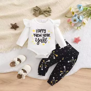 Боди из хлопка с принтом «С Новым годом» для девочки, штаны с принтом «Фейерверк» и повязка на голову, комплект одежды 3-6M
