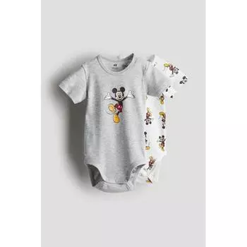 Боди из хлопкового джерси HM, комплект из 2 предметов, светло-серый с Микки Маусом 24M