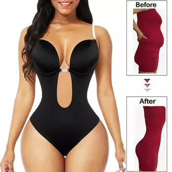 Боди Корректирующее белье Глубокий v-образный вырез Body Shaper с открытой спиной U-образный вырез-стринги Корректирующее белье Тренер для талии Женский прозрачный ремешок с мягкой подкладкой Корсет пуш-ап S чёрный