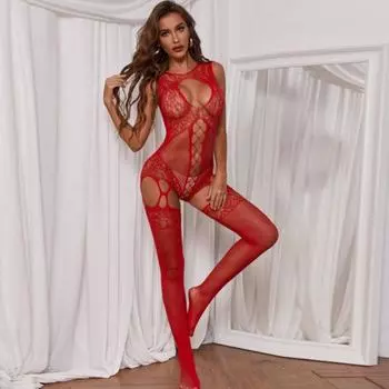 Боди Пижамы с круглым вырезом Ночное белье Тонкие популярные ажурные сетчатые чулки Пижамы для спальни One Size