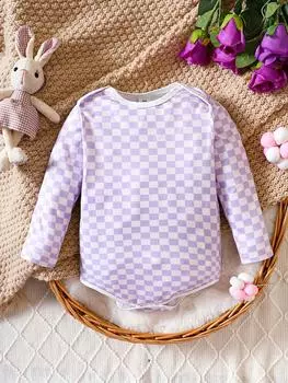 Боди с длинными рукавами для маленьких девочек, повседневное милое боди с длинными рукавами, фиолетово-белая полоска в клетку 0-3m розовый