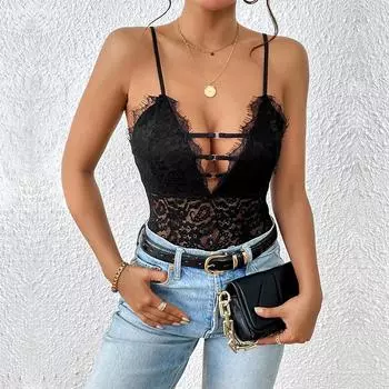 Боди с кружевным ремешком, сексуальный комбинезон, прозрачный черный боди L
