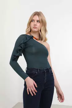 Боди с оборками и одним рукавом, цвет бензиновый зеленый