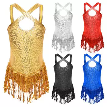 Боди с пайетками и кисточками для девочек, платье для латинских танцев, балет, джаз, танго, сальса, самба, румба, танцевальная одежда 5-6 Years жёлтый