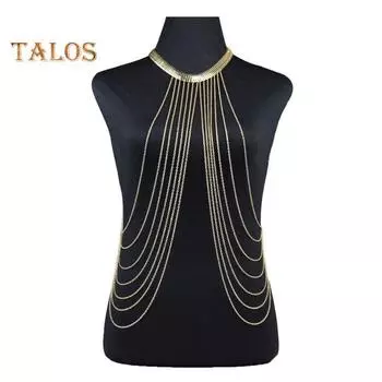 Цепочка для тела, многослойная цепочка на грудь с кисточками, в форме змеиной кости, регулируемая, пляжное бикини, украшения для тела, ожерелье для вечеринки в ночном клубе золотистый