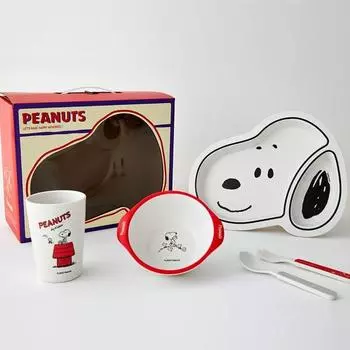 BoFriends Snoopy Bamboo Бамбуковая детская посуда Тарелка Тарелка + миска + чашка + ложка + вилка Набор, разные цвета, 5 видов, популярные корейские предметы для родителей
