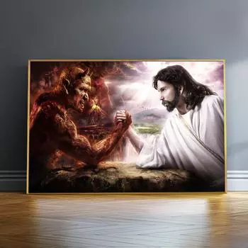 Бог Иисус против Сатаны Дьявол Художественная живопись Печать Холст Плакат Фэнтези Религия Картина Христианская Гостиная Спальня Домашний Настенный Декор 21x30cm No Framed