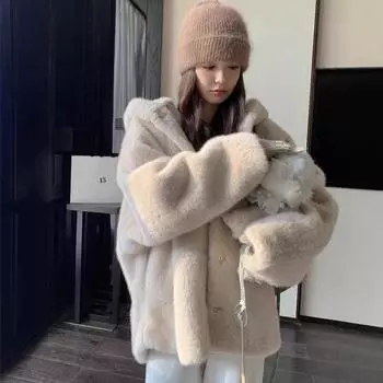 Богатая дочь шуба женская осень и зима высокого класса с капюшоном свободная утолщенная мягкая уменьшающая возраст пушистая шуба S