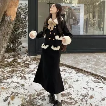 Богатая наследница, подбитое толстое шерстяное пальто с длинной юбкой, женские осенние новые модные комплекты женской офисной одежды для леди S чёрный