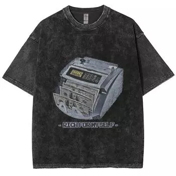 Богатый для себя Мужская выстиранная футболка Винтажная Оверсайз Хип-хоп Контрастный цвет Круглый вырез Шикарные топы Одежда Харадзюку Унисекс S