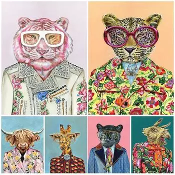Богатый розовый лев, животное, роскошные ювелирные изделия, художественный постер и принты, гепард с очками, настенная живопись на холсте для украшения дома, без рамки 21*30cm