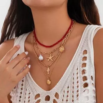 Богемия многослойные цепочки ожерелье женская мода искусственный жемчуг морские звезды ракушки подвески бисер ключица ожерелье аксессуары