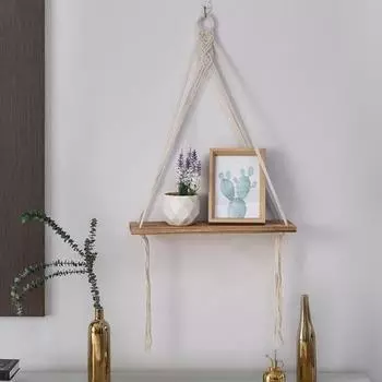 Богемия Настенная Полка Элегантная Деревенская Гостиная Хлопчатобумажная Веревка Ручной Работы Фото Суккуленты Растения Дисплей Деревянная Тарелка Гобелен Подвеска Украшения коричневый