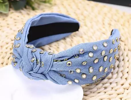 Богемная этническая джинсовая повязка для волос с узлом по центру, украшенная стразами, повязка для волос с узлом, аксессуары для волос