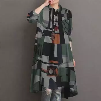 Богемная хлопково-льняная рубашка с длинным рукавом и принтом - Повседневная, Свободная, Средней длины (Выпуск 2021 года) 4XL зелёный