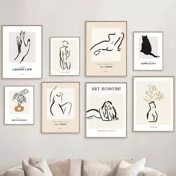Богемная картина на холсте, линия тела девушки, цветок, черный кот, настенная живопись, принт, украшение для гостиной, постеры, фотографии для домашнего салона A4 21X30cm No Framed