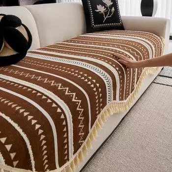 Богемная кисточка Шенилловая накладка на диван – Геометрический жаккард с бахромой Диванное полотенце, Нескользящий чехол на подушку неправильной формы 90x70cm шоколадный