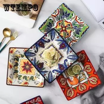 Богемная квадратная тарелка, керамическое блюдо, креативная тарелка с фруктами, квадратная тарелка для завтрака, западная обеденная тарелка, домашняя посуда