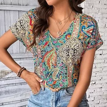 Богемная летняя женская блузка с принтом в стиле ретро, повседневные топы, элегантные пляжные свободные рубашки с коротким рукавом для женщин, модные праздничные женские блузки 24482 S разноцветный