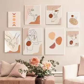 Богемная мода Женщина Растение Пара Абстрактные линии Скандинавские постеры Печать Настенная живопись Холст Картина Гостиная Домашний декор 21X30cm No Frame