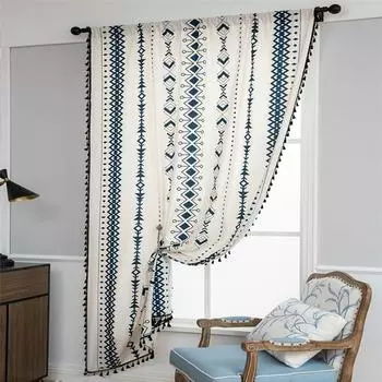 Богемная оконная занавеска для спальни с кисточками из хлопка и льна, винтажная занавеска в стиле кантри в стиле бохо, черно-белая 150*160cm чёрный
